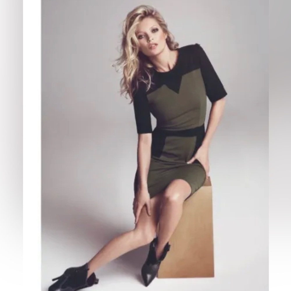 MANGO SUIT Shoulder Button 1/2 Sleeve Midi Dress Olive Green and Black size XS